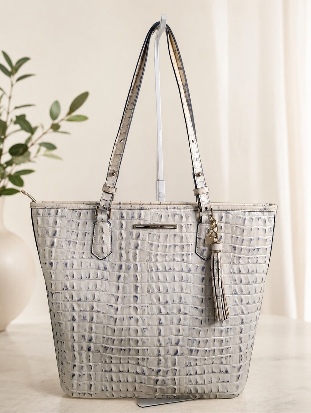 Brahmin Asher Ivory Blue Melbourne Croc Embossed Leather Tote Shoulder Bag
